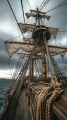 Obraz premium Towering medieval ship mast with rigging and sails