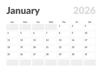Monthly page Calendar Planner Template design of January 2026. Vector layout of calendar with week start Sunday for Scheduling. Page for size A4 or 21x29.7 cm