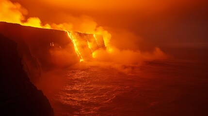 Nighttime volcanic eruption  a stunning contrast of fiery eruptions against a dark sky