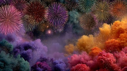 vibrant and colorful New Year celebration with fireworks lighting up the night sky, leaving space on the left for a custom New Year greeting or message.