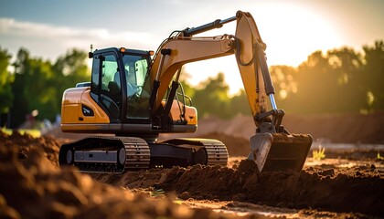 Obraz premium Excavator working on a construction site at sunset (1)