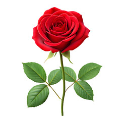 Fototapeta premium Realistic Red Rose with Green Leaves on White Background flower bloom isolated on a transparent background