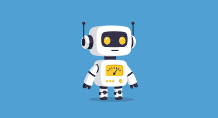 Cute cartoon robot character standing on blue background for children's books and educational materials