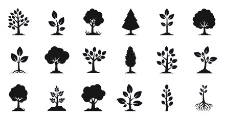 A diverse set of black silhouette icons depicting various trees, saplings, and plants in a simple, flat style.