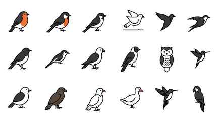 Naklejka premium Diverse collection of stylized bird icons with bold outlines. Set includes various species like robin, owl, and swallow in cartoon style.
