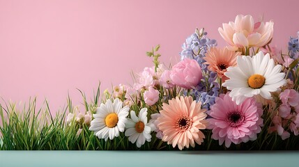 Fototapeta premium Spring sale promotion with fresh blooming flowers on bright green grass, set against a soft pastel background with ample empty space on the right for text overlay and promotional messages.
