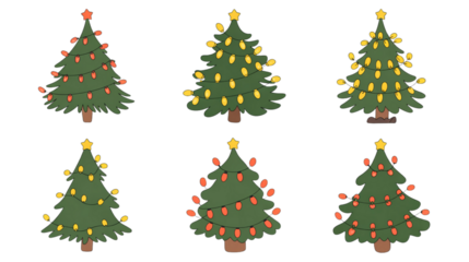Collection of christmas trees with colorful lights isolated on transparent background