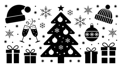 Christmas tree and holiday elements isolated on transparent background