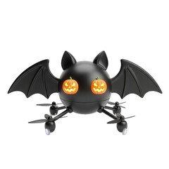 Innovative Halloween-themed drone in the shape of a bat with glowing pumpkin-like eyes, perfect for festive seasonal decorations and playful aerial displays