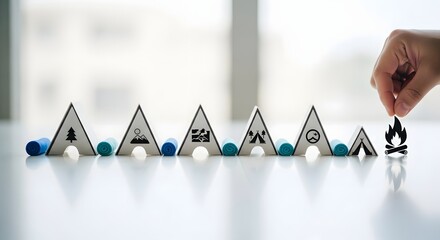 Camping icons and colorful blocks symbolize outdoor adventure and nature exploration