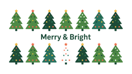 Christmas trees with merry and bright text isolated on transparent background