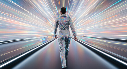 Motion-blurred backview of figure in holographic metallic jumpsuit running through vibrant tunnel of iridescent light trails