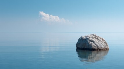 Minimalist seascape with a single weathered gray rock in the bottom right corner, partially submerged in calm light blue water, 75% pale sky with one wispy cloud, glassy water surface, no ripples