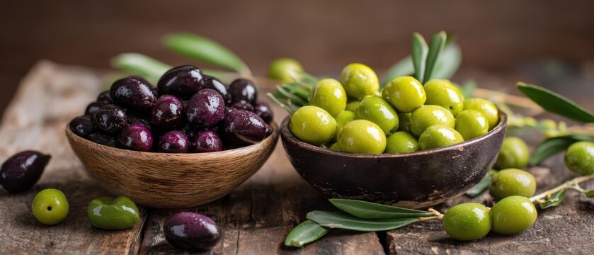 The vibrant assortment of olives in rustic wooden bowls on a table