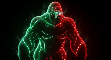 Neon gorilla standing tall with glowing green and red outline