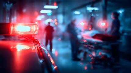 An emergency scene with a police vehicle's flashing lights illuminating a hospital corridor, capturing urgency and intensity.