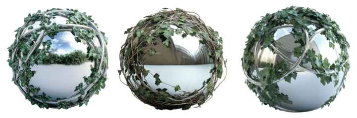 Metallic Spheres Wrapped with Green Climbing Ivy Plants Isolated on Transparent Background
