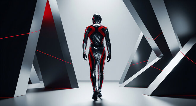 High-fashion backview of figure in polished silver jumpsuit against minimalist black space with bold red graphic stripe