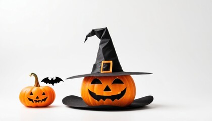 There are two pumpkins on a white background: a large one with a black witch hat and a smiling face, and next to it a small pumpkin with a smile and a bat silhouette. It creates a Halloween mood.