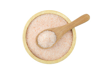 wooden spoon with salt, Himalayan Pink Salt Powder in wooden cup and spoon isolated on white background top view clipping path stack