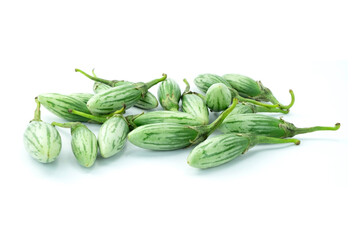 Group of  Thai green-white eggplants or Round Eggplants isolated on white background stack close up 
