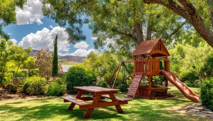 Sunny backyard with wooden playset and picnic table under leafy trees