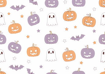 Cute Halloween Pattern with Pumpkins, Bats, Ghosts, and Stars, Playful Halloween Background with Smiling Pumpkins, Ghosts, and Bats