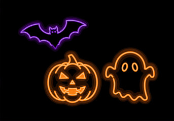 Halloween Neon Signs: Bat, Pumpkin, and Ghost on a Black Background, Spooky Halloween Icons Glowing in Neon Light