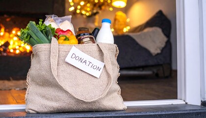 Food Donation Bag on Doorstep: Warm Cozy Home Background