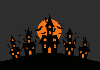 Spooky castle amidst bats for Halloween, A black and grey haunted house illustration for Halloween celebration