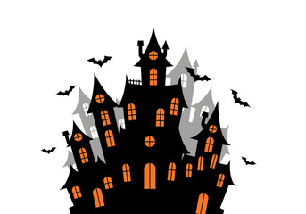 Eerie Vector Illustration of a Haunted House with Bats for Halloween, Spooky Dark Castle with Orange Windows and Flying Bats Illustration for Halloween