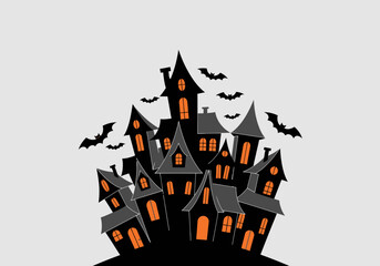 Spooky Halloween Haunted House Silhouette with Bats Flying Around, Dark and Ominous Halloween Mansion with Orange Glowing Windows