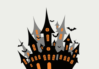 Spooky castle amidst bats for Halloween,  A black and grey haunted house illustration for Halloween celebration