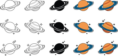 Planet Saturn silhouette icon set. Planet Saturn with planetary ring vector icons isolated on transparent background. Cosmos and astronomy planet vector illustration. © Mon Amour