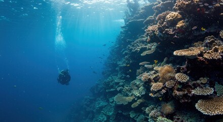 Fototapeta premium A diver swims near a colorful coral reef wall in clear blue ocean water with sunlight streaming from the surface.