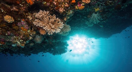 Underwater view showcasing vibrant coral reef life with sunlight penetrating the water's surface.