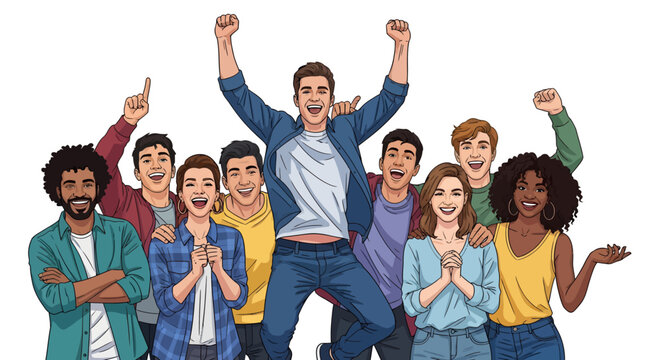 A vibrant and energetic illustration of a diverse group of young people celebrating success with raised fists and joyful