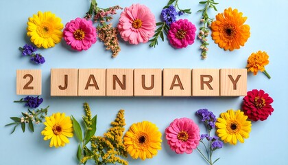 Wooden Blocks with Date 2 January. Floral Calendar – Vibrant Flowers on Solid Colored Background
