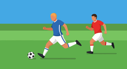 Obraz premium Two soccer players in action on a green field, illustrating the dynamic movement and competitive spirit of the sport.