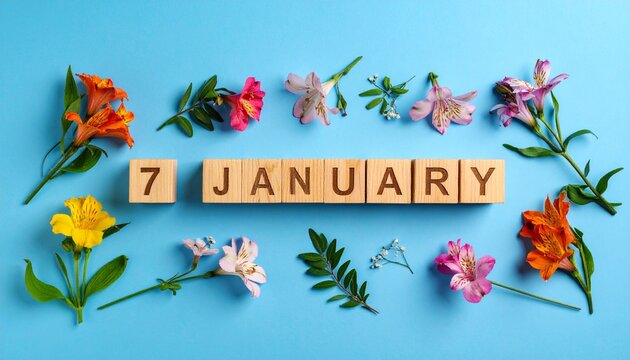 Wooden Blocks with Date 7 January. Floral Calendar – Vibrant Flowers on Solid Colored Background