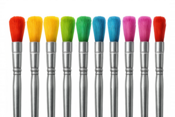 Ten colorful paintbrushes arranged in a row, showcasing vibrant bristles and sleek metal handles, set against a transparent background
