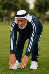 Fototapeta premium Elderly man in traditional Middle Eastern attire stretching on grass in park, wearing sportswear and white sneakers.