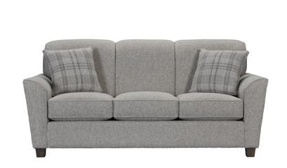 Modern grey sofa with plaid pillows on a white background + clipping path. Furniture, interior object.