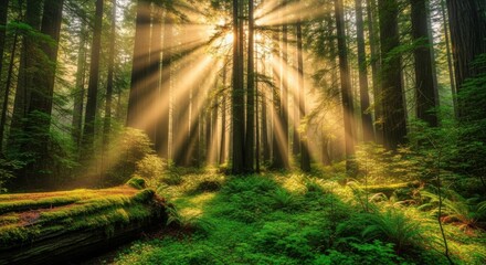 Naklejka premium Magical forest sunbeams illuminate the lush green foliage