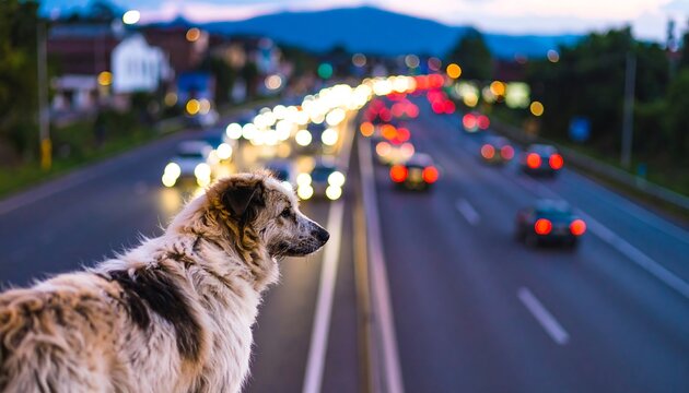 Lone dog on highway overpass at dusk
