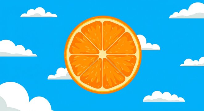 Orange slice against blue sky with clouds
