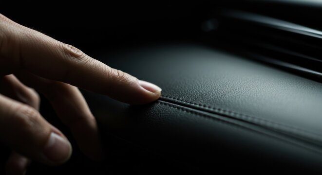 A hand gently touches the stitched leather dashboard of a car's interior.