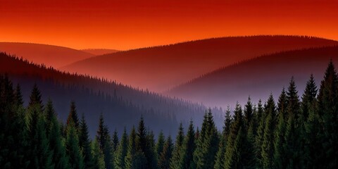 Obraz premium Twilight hues over serene forested hills