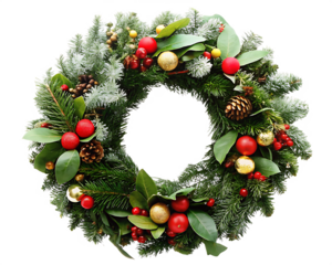 Frosted Christmas Wreath with Red Baubles and Pine Cones holiday decoration festive isolated on a transparent background