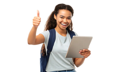 young female student showing thumb up and holding a tablet isolated on white background isolated on white or isolated on transparent background, cut out PNG